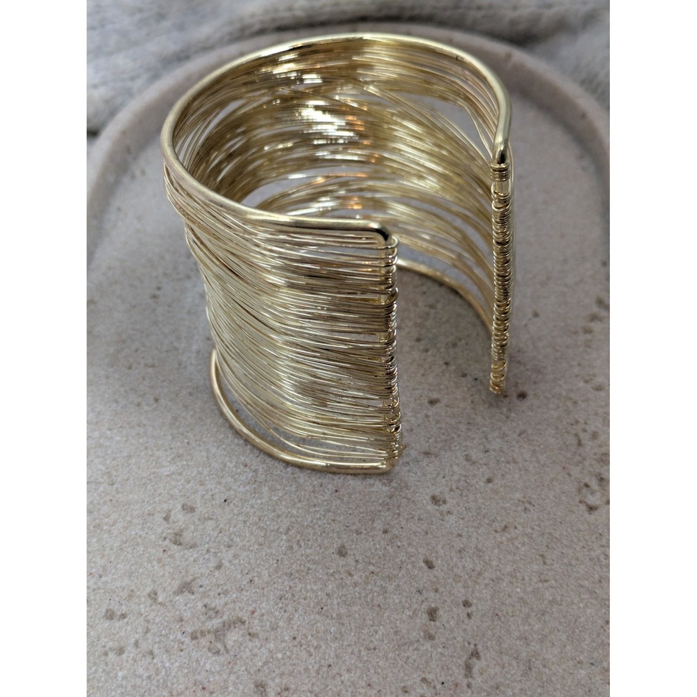 Wide Wire Cuff Bracelet In Gold Tone Multi Strand Chunky Modernist Classic Stack
